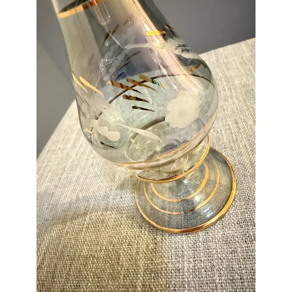 ✨ Vintage Iridescent Glass Bottle w/ Stopper Gold Trim | 9” Tall ✨